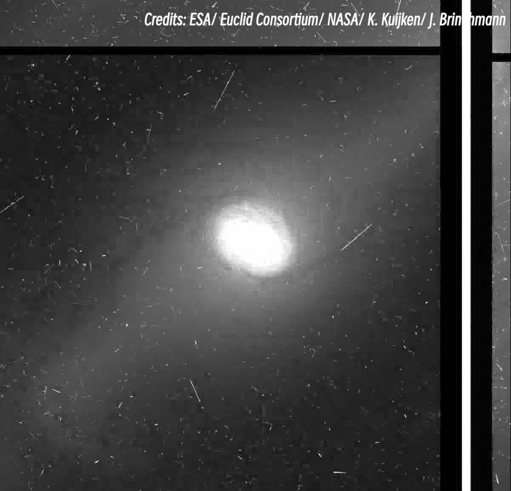 A raw image by the Euclid VIS camera, with a galaxy in the center, detector edges to the side, and many traces of cosmic rays having hit the detector.