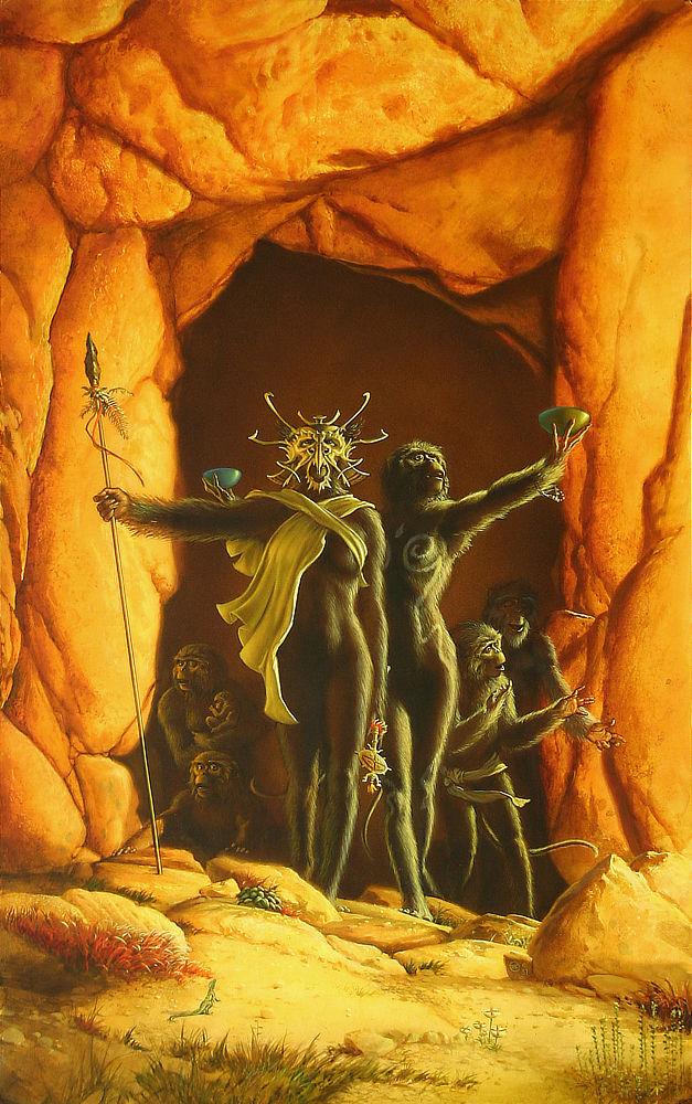 A tribe of ape-like people tentatively emerges from the darkness of a cave. With mouths agape, many cower in the shadows. One mother clutches her young, curled up in her arms. Standing tall at their forefront is a female holding a spear with a stone chipped head and a ribbon trailing down the shaft. The curves of her hips and round of her breasts mark her gender as female. An ornate helm with tendrils sweeping off covers her face. The nostril holes are set wide and a sharp beak descends over her muzzle. A long white sash crosses over her chest. Behind her another prominent figure, this one with white patterns painted on its fur, heralds her arrival. It bears a bowl in each hand in outstretched arms. A air of reverence lights its eyes.
