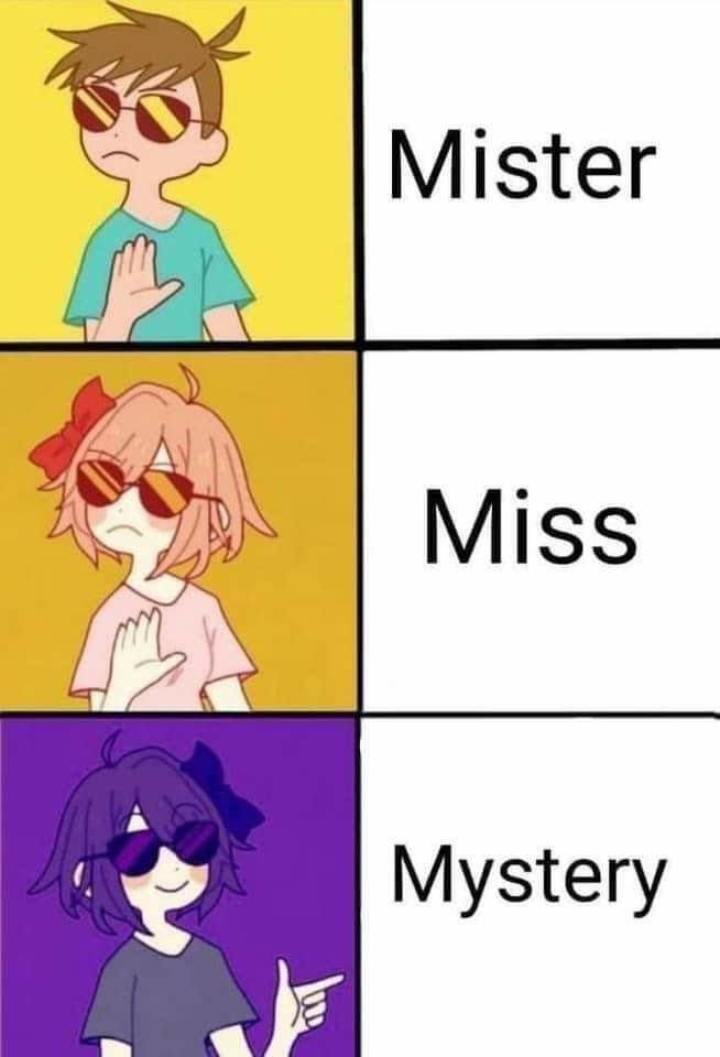 the standard three panel “no-no-yes” meme, with top panel showing a short-haired person looking away and holding up their hand in a blocking gesture with the label “mister”, the second panel has a figure with longer hair with a bow in the same pose with the label “miss”, and the third panel is a smiling person pointing their finger affirming with the label “mystery”. 