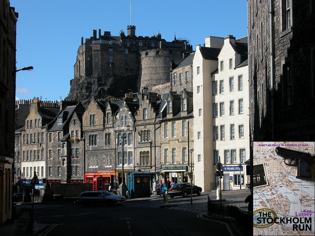 The image shows a modern view of Edinburgh Castle rising above the city’s Grassmarket in bright sunlight, contrasting with deep shadows in the foreground. The sky is blue. The front cover of 'The Stockholm Run' is shown in the bottom right corner.