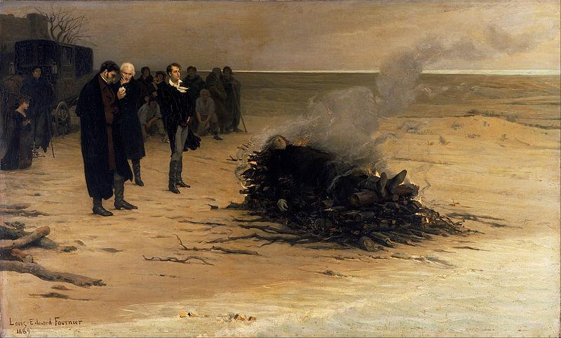 The Funeral of Shelley by Louis Édouard Fournier (1889). Pictured in the centre are, from left, Trelawny, Hunt, and Byron. In fact, Hunt did not observe the cremation, and Byron left early. Mary Shelley, who is pictured kneeling at left, did not attend the funeral.

The scene is set on a desolate beach near Viareggio, Italy, where Shelley's body was cremated after his death by drowning. The background features a somber sky and a sense of isolation, enhancing the melancholic mood.

Shelley's body lies atop a funeral pyre, with flames and smoke rising, symbolizing both the physical act of cremation and the ethereal nature of his poetic legacy.

The painting conveys deep sorrow and reflection, with each character immersed in their thoughts and grief, contributing to the overall atmosphere of mourning and loss.