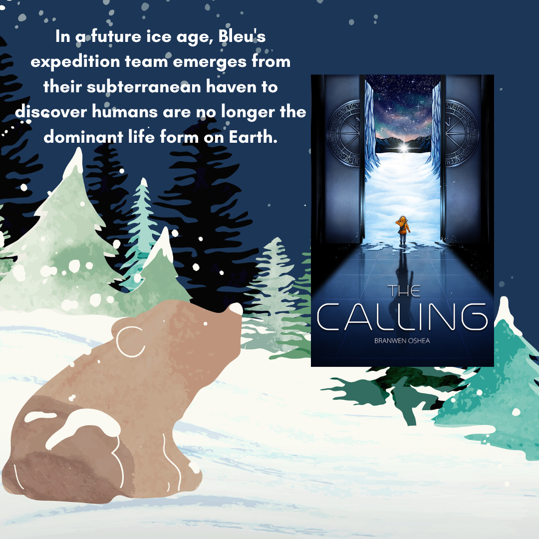 Cartoon drawing of a nighttime Arctic landscape with a brown bear cub looking up at the sky where there’s the book, The Calling
Story summary: In a future ice age, Bleu's expedition team emerges from their subterranean haven to discover húmans are no longer the dominant life form on Earth. THE CALLING by BRANWEN OSHEA