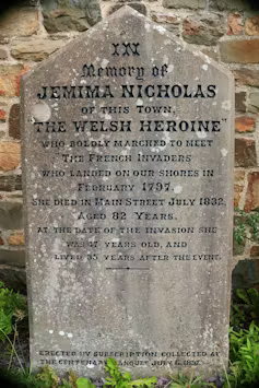 Memorial stone for Jemima Nicholas, alleged Fishguard heroine, who was honoured with this memorial erected in St Mary's churchyard on the occasion of the centenary of the event. Nobody knows her actual grave.