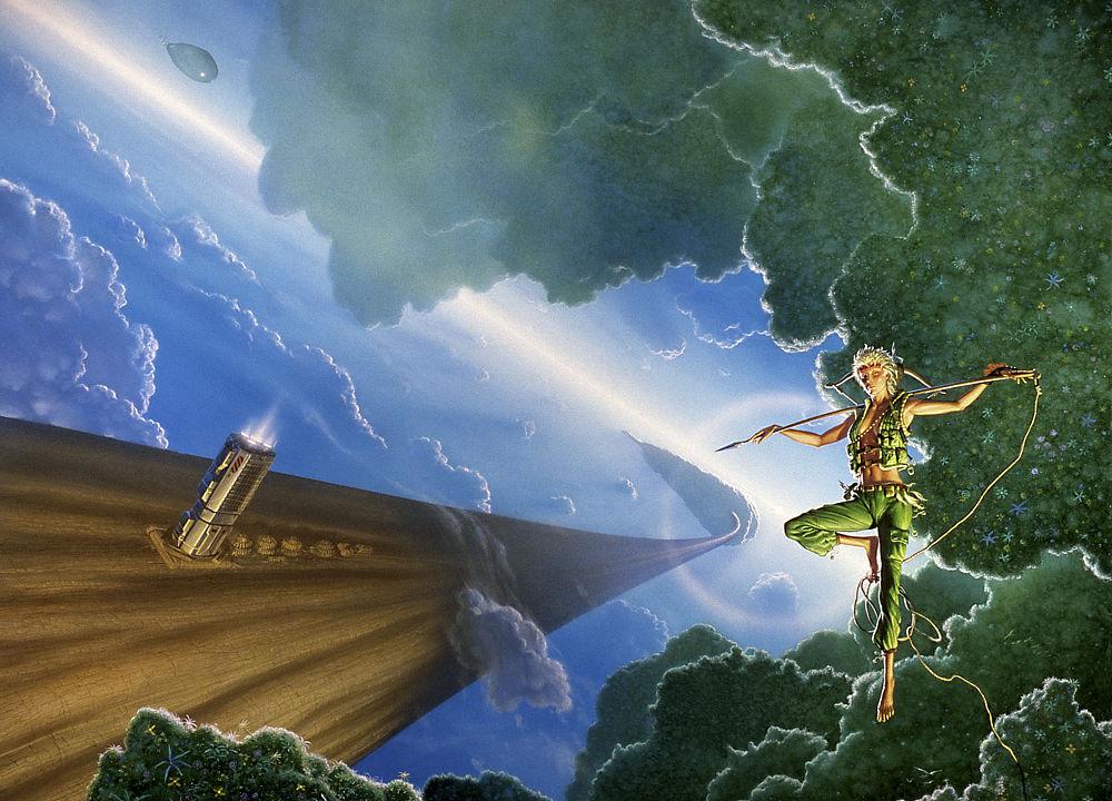 A woman with short blonde hair floats weightless in front of clumps of cloud shaped vegetation dotted with flowers. The figure looks very Peter Pan-esque posed with one knee raised wearing green capri-style pants and a vest with no shirt beneath. A harpoon rests across her shoulders with a rope line dangling loose. She holds a coil of it with her toes. An enormous tree trunk with a chrome engine firing off the side arcs past, diminishing back into the blue sky where it intersects clump. A diagonal line of light serves as a tilted horizon of sorts but there is no land, just sky occupied by clouds and clumps.
