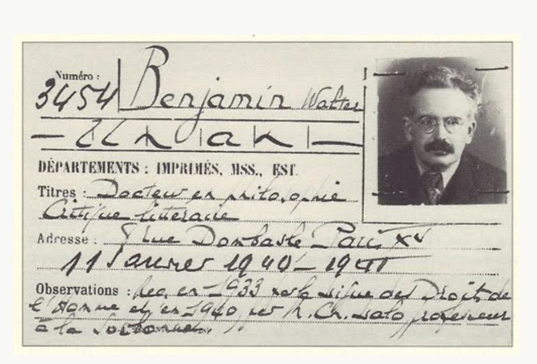 Walter Benjamin's library card for the Bibliothèque Nationale in Paris in French containing a foto of Benjamin.