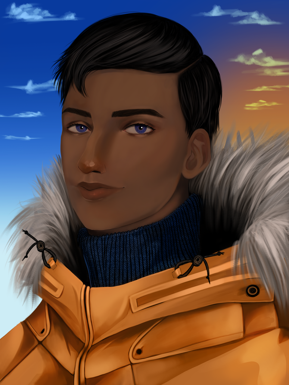 Bleu is an 18 year old male with light brown skin, short black hair, and hazel eyes. He’s wearing an orange parka with fur around the hood. The hood is back. Behind him is the blue sky he was named for and always wanted to see.