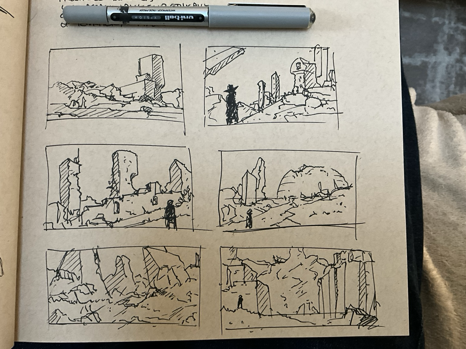 Very rough environment thumbnail drawings with a pen. 