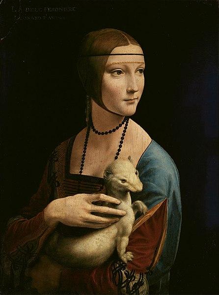 Lady with an Ermine, c. 1489–1491,by Leonardo da Vinci. Czartoryski Museum, Kraków, Poland.

The painting depicts Cecilia Gallerani, a young woman from the Milanese court. She was the mistress of Ludovico Sforza, Duke of Milan, Leonardo's patron at the time.

Cecilia is portrayed in a three-quarter view, gazing to her right with a serene, contemplative expression, suggesting intelligence and elegance.


The white ermine, cradled in her arms, symbolizes purity, virtue, and Cecilia's association with Ludovico, who was nicknamed "the White Ermine" due to his heraldic emblem.

The animal also serves as a subtle emblem of Cecilia's high status and the intellectual sophistication of the court.