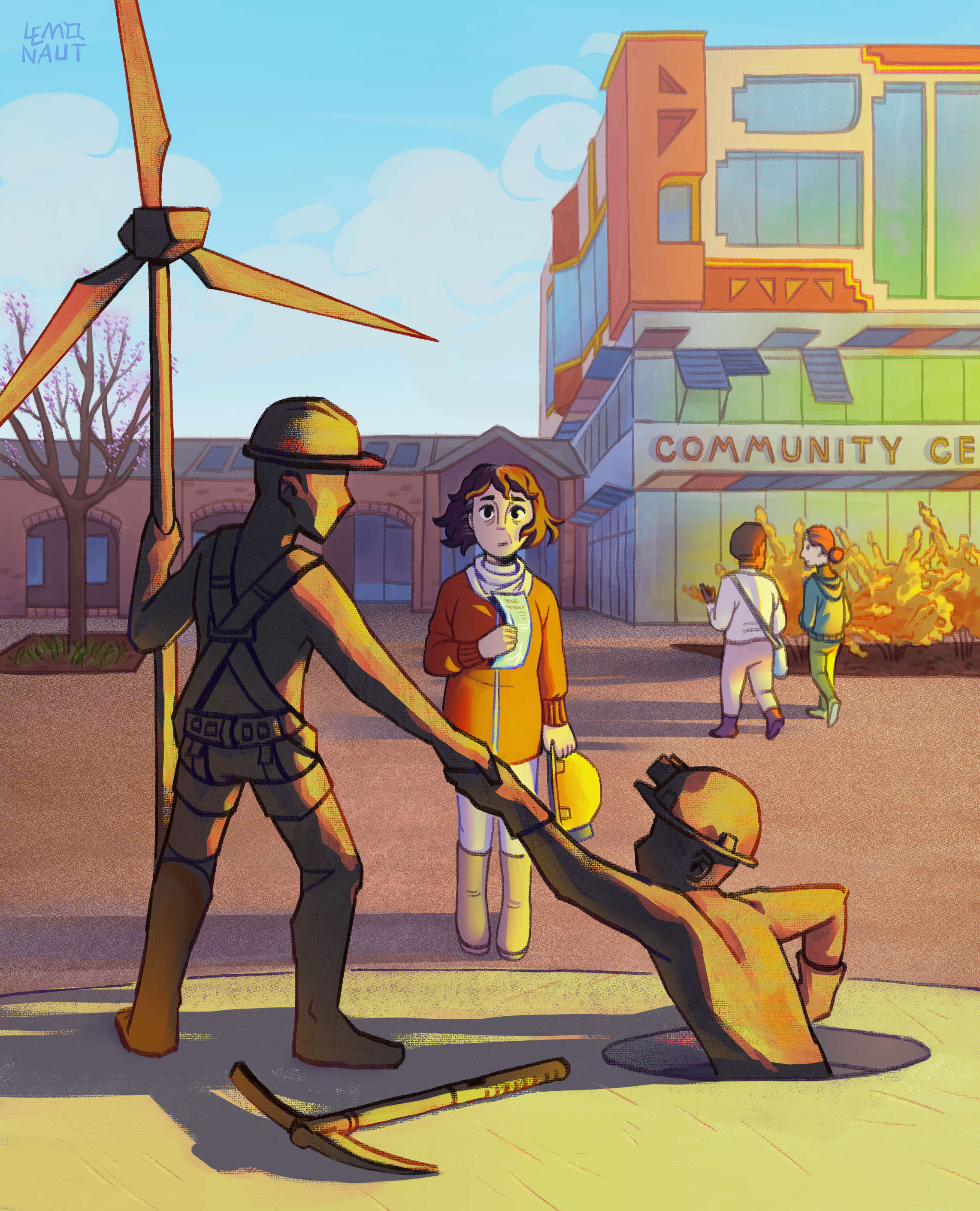 Digital illustration. The scene is set on a spring morning.
A middle-aged woman is standing in the centre of the frame, holding a miner's helmet in one hand and in the other - a flyer, close to her chest.
Before her is a statue of two people, one of which is pulling the other out of a hole while holding onto a small wind turbine. A discarded pickaxe is lying on the ground.
The woman looks uncertain, but there's a hopeful glimmer in her eye.

In the background is a building the second floor of which looks drastically different from the first: it's much more colorful and imaginative. The text on the building reads "Community Center"