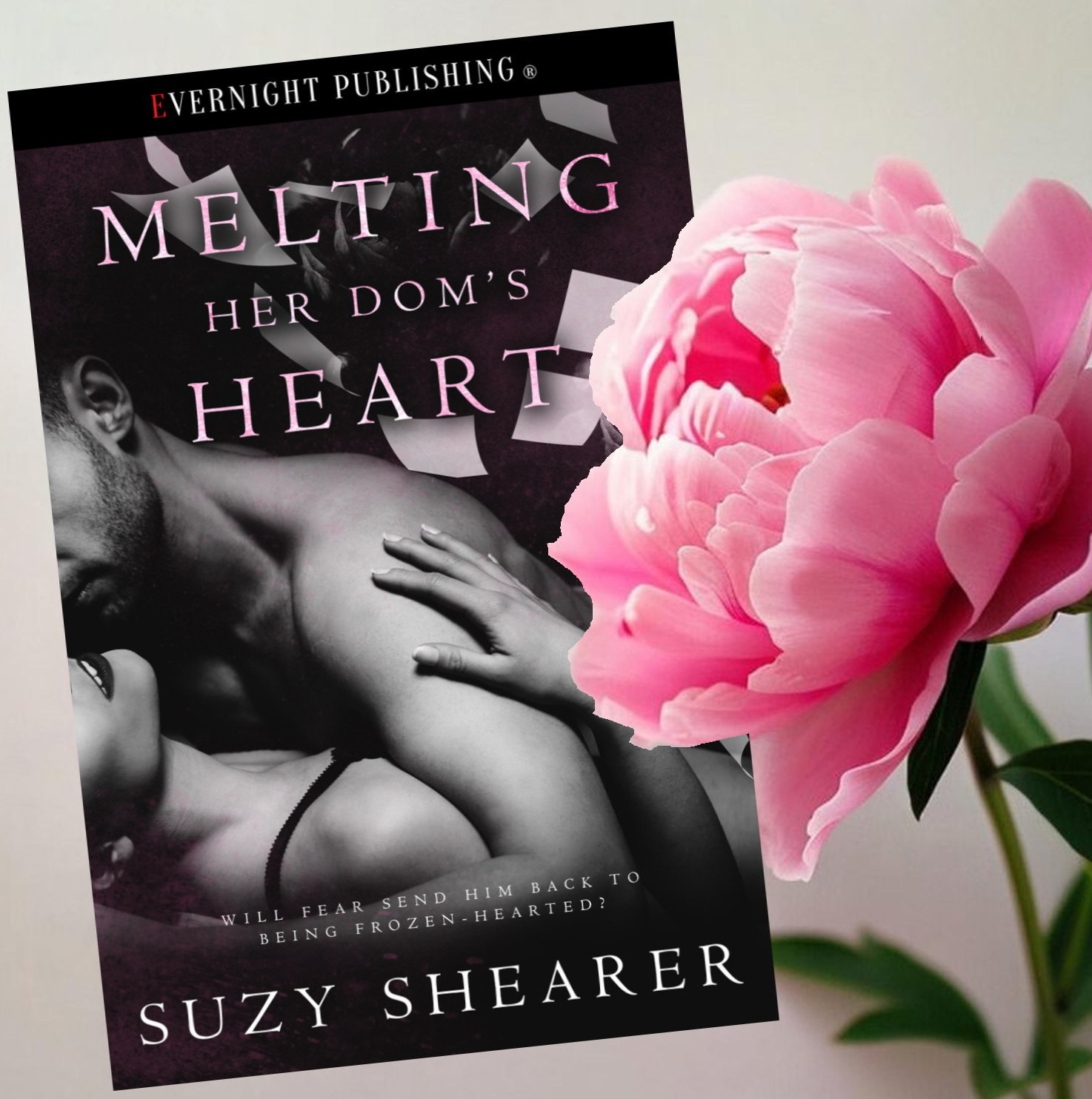 Cover of a book alongside a pink peony.
Cover - Reclining man embracing a woman in black a& white.
Title: Melting Her Dom's Heart by Suzy Shearer