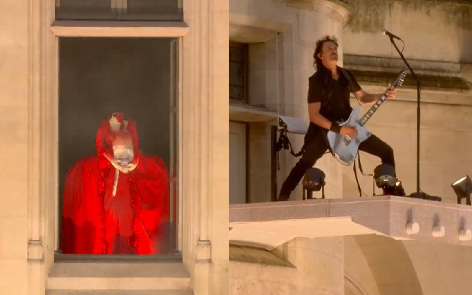 Marie Antoinette performer standing in a window alongside the lead singer of metal band Gojira on a balcony.