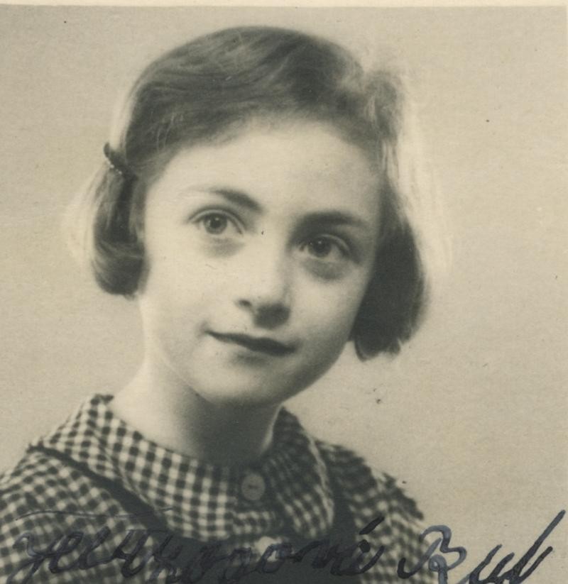 Portrait photograph of a young girl. She has dark hair behind her ears pinned up at the sides. Her head is in the middle of the frame. She is looking to the left. She is wearing a fine checked blouse.