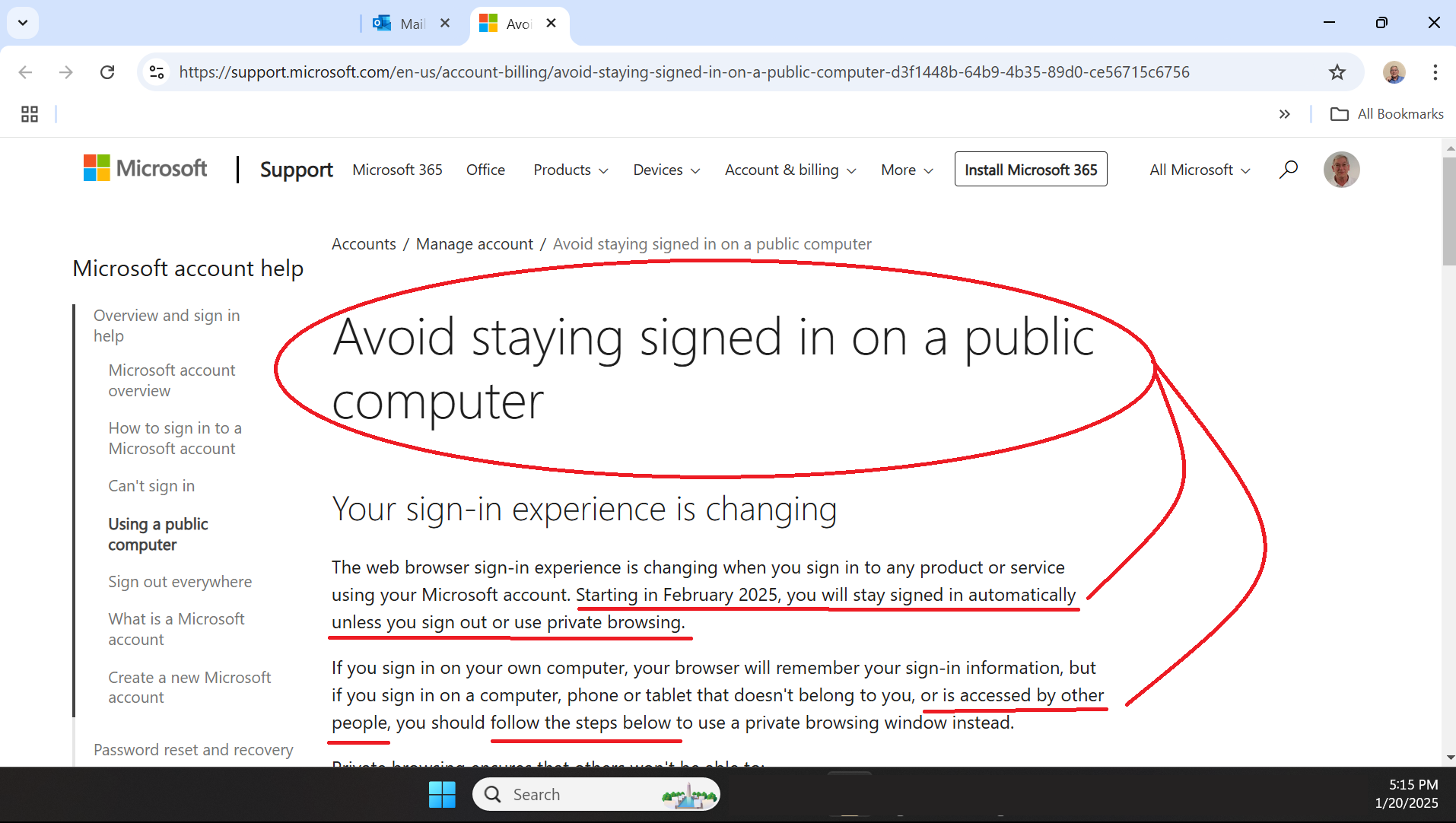 Screenshot of the Microsoft article linked from the notice in Outlook. The author has added a red circle and red lines to draw the reader's attention to items discussed in the post.