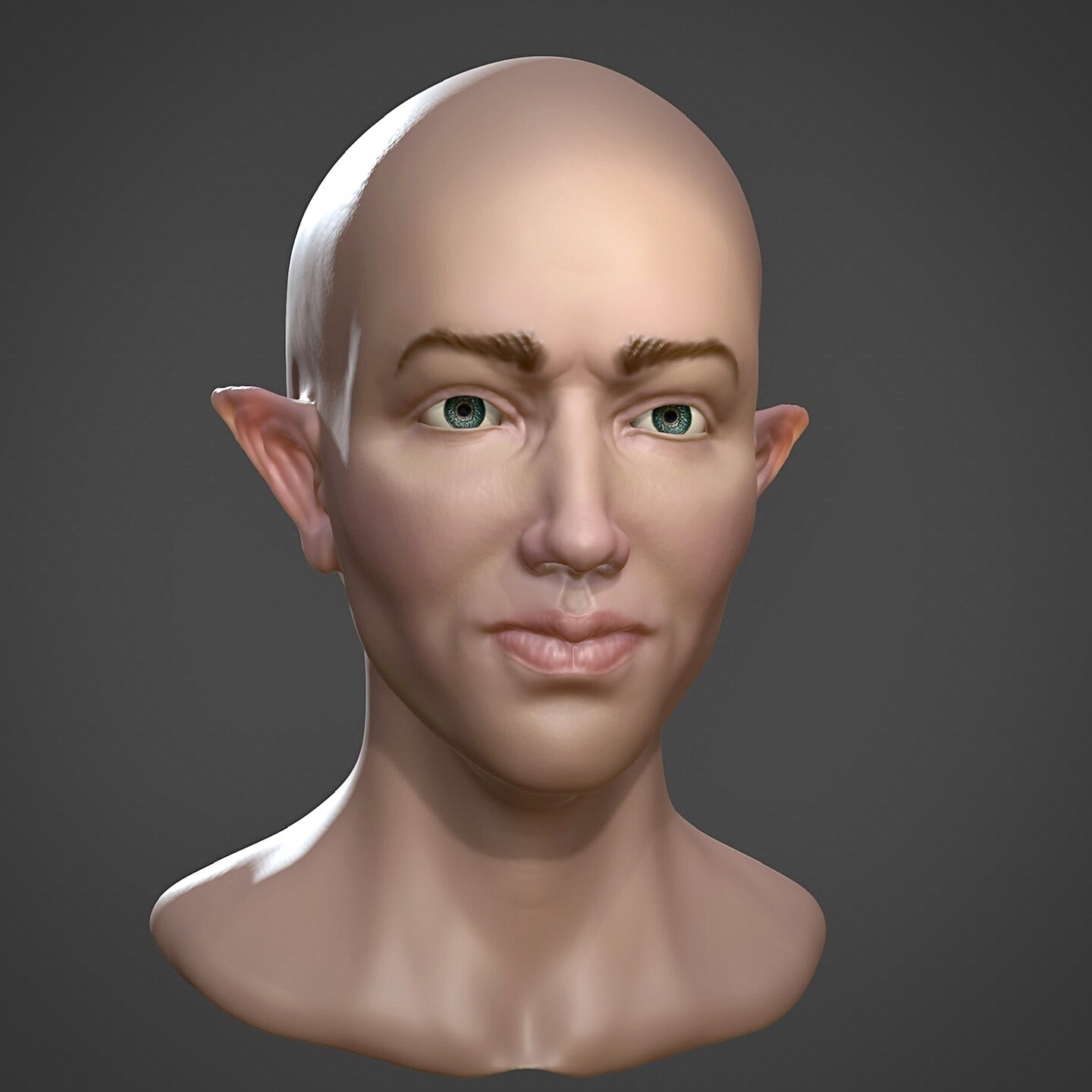 A render of a digital sculpt of a half-elf head and neck. She is facing slightly to the right of the frame and has green-blue eyes. 