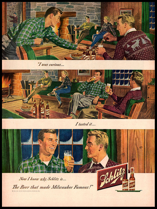 Vintage ad for Schlitz beer. A series of illustrations of people in a ski lodge. Two men enjoy beer and give each other flirty smiles. Further away, two women on a sofa do likewise. In the far end of the room is a single man setting up some skis.