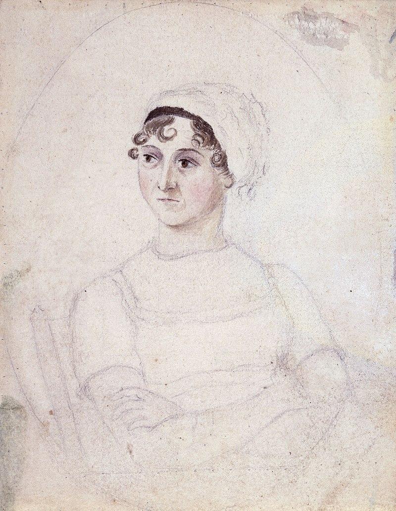 Portrait of Jane Austen by Cassandra Austen, c. 1810.

This portrait was created around 1810, is a small pencil and watercolor sketch widely regarded as the only confirmed image of Jane Austen made during her lifetime. Drawn by her sister Cassandra, the portrait captures Jane in a seated pose, turned slightly to her right, with her head resting on her hand.

The sketch is rendered in pencil with light watercolor shading, giving it a delicate, unfinished quality.

Jane is depicted with a thoughtful, somewhat pensive expression. Her face is minimally detailed, which has led to debates about its accuracy as a likeness.

She is dressed in a simple Regency-era gown with puffed sleeves and a modest neckline, reflecting her modest and practical style.