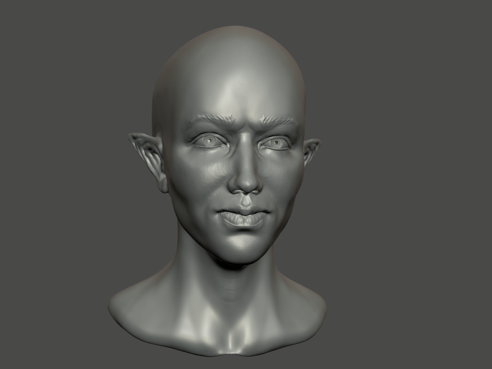 A greyscale render of the same half-elf head sculpt, showing more of the texture. 