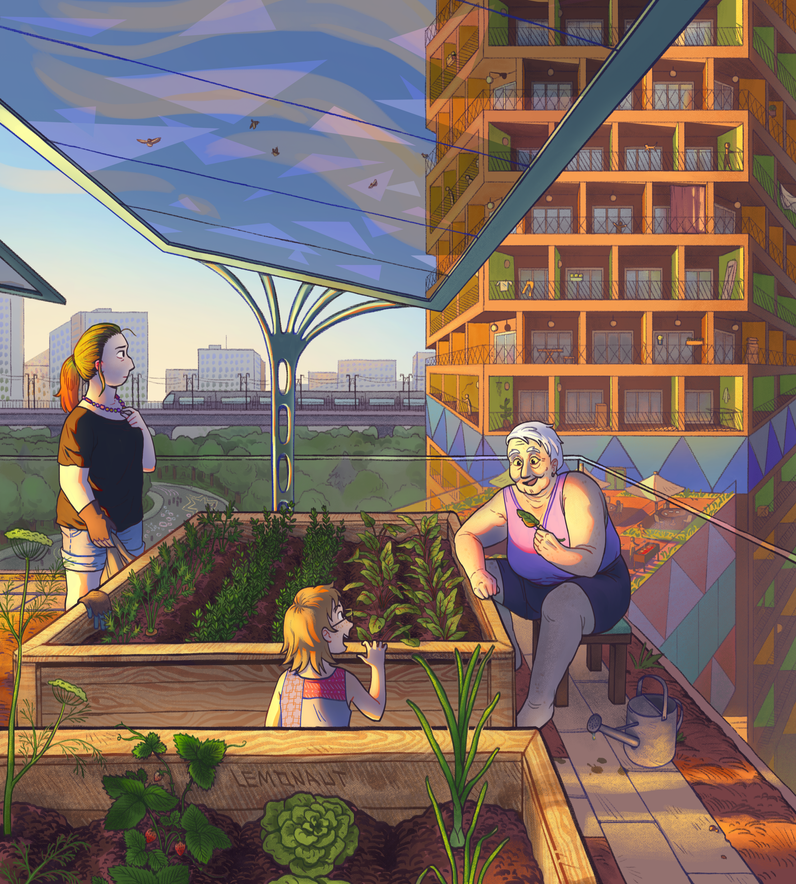 Digital illustration of a rooftop vegetable garden under a semi-transparent solar panel, lit by the morning sun. Behind it we see a vibrant residential tower, and yet further - a park still bathed in gentle shadows, as well as a train bridge.

Three people are in the foreground next to the raised garden beds. A grandmother is sitting on a stool, explaining something to the curious child who's crouching nearby. To the left, a girl, clearly in the middle of doing something, appears to have zoned out and is now looking into the distance, fiddling with her necklace.
A watering can is dripping on the thin stone-tiled path nearby.