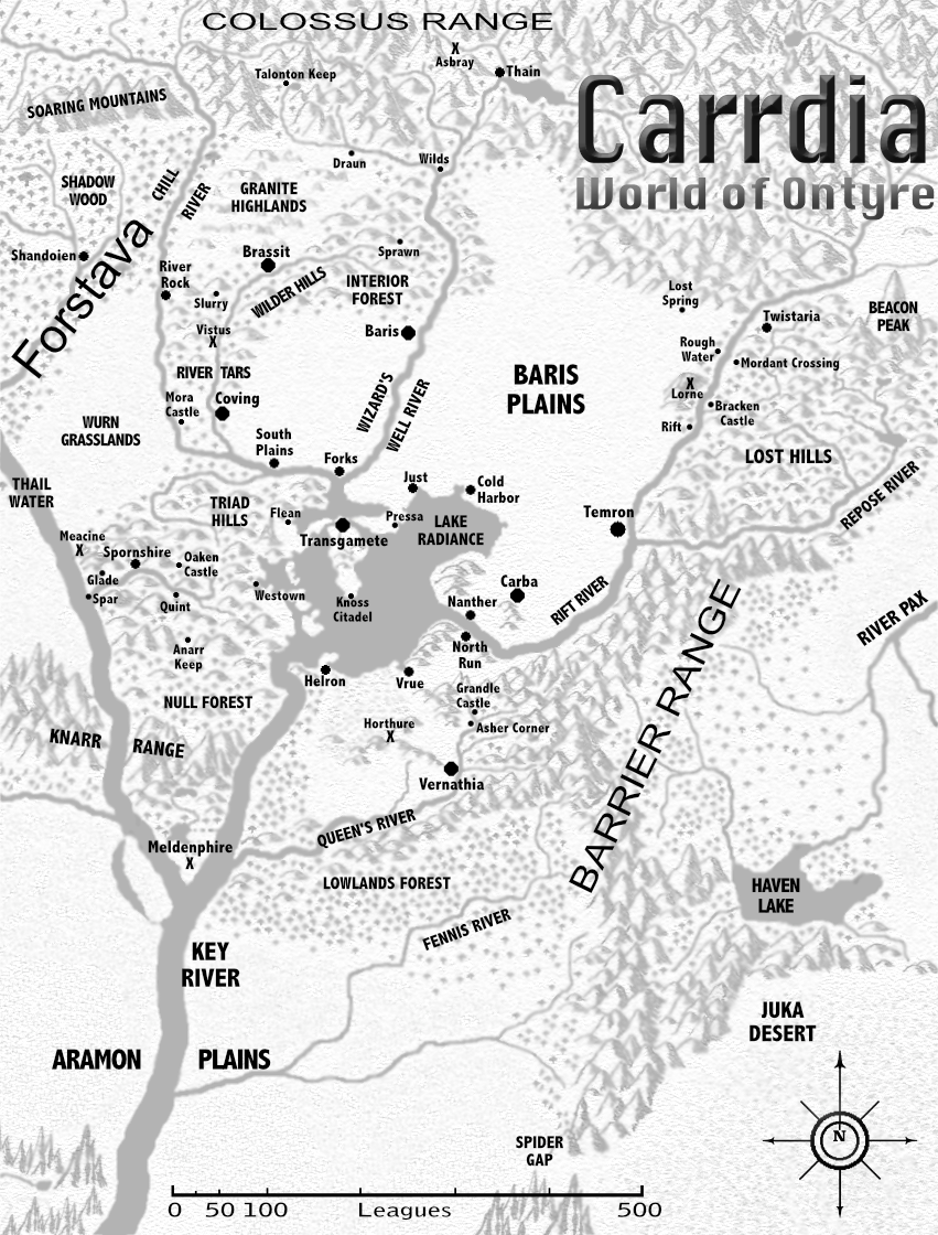 The simplified and publishable version of my Carrdia map that doesn't look too drastically different than the one I drew by hand twenty years ago.

The country is heart-shaped, rivers all running to join the Key River in the south. At center is Lake Radiance, the Baris Plains above them. Ruins are noted with an X. The capital, Transgamete, is at center. The Kovenlore series opens in Coving, with is to the northwest of there.