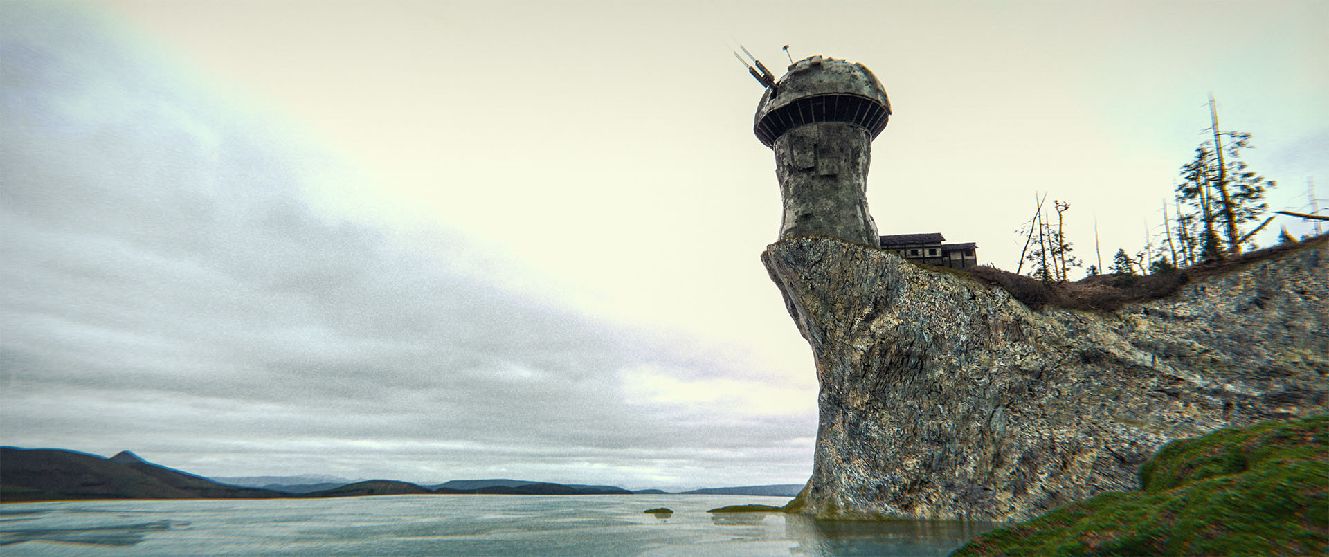 Wide shot, exterior, day -
A tower sitting on the edge of a cliff overlooking a lake.