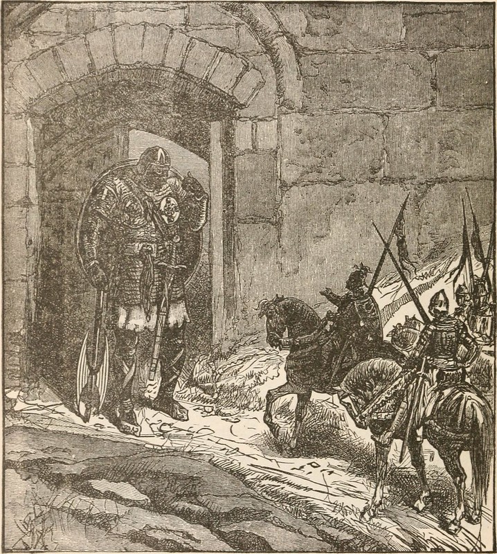 Some knights, probably Culwch and company, ride up to a gate where a heavily armoured giant is standing. Sepia C19th book illustration.