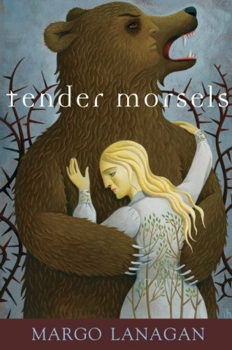 The front cover of Margo Lanagan's "Tender Morsels", showing a blond white woman embracing a brown bear.