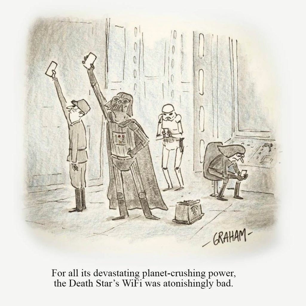 A cartoon illustration of Darth Vader and other Imperial staff holding their phones high in the air trying to getting better wifi signal on the Death Star. Caption reads "For all its devastating planet-crushing power, the Death Star's WiFi was astonishingly bad."