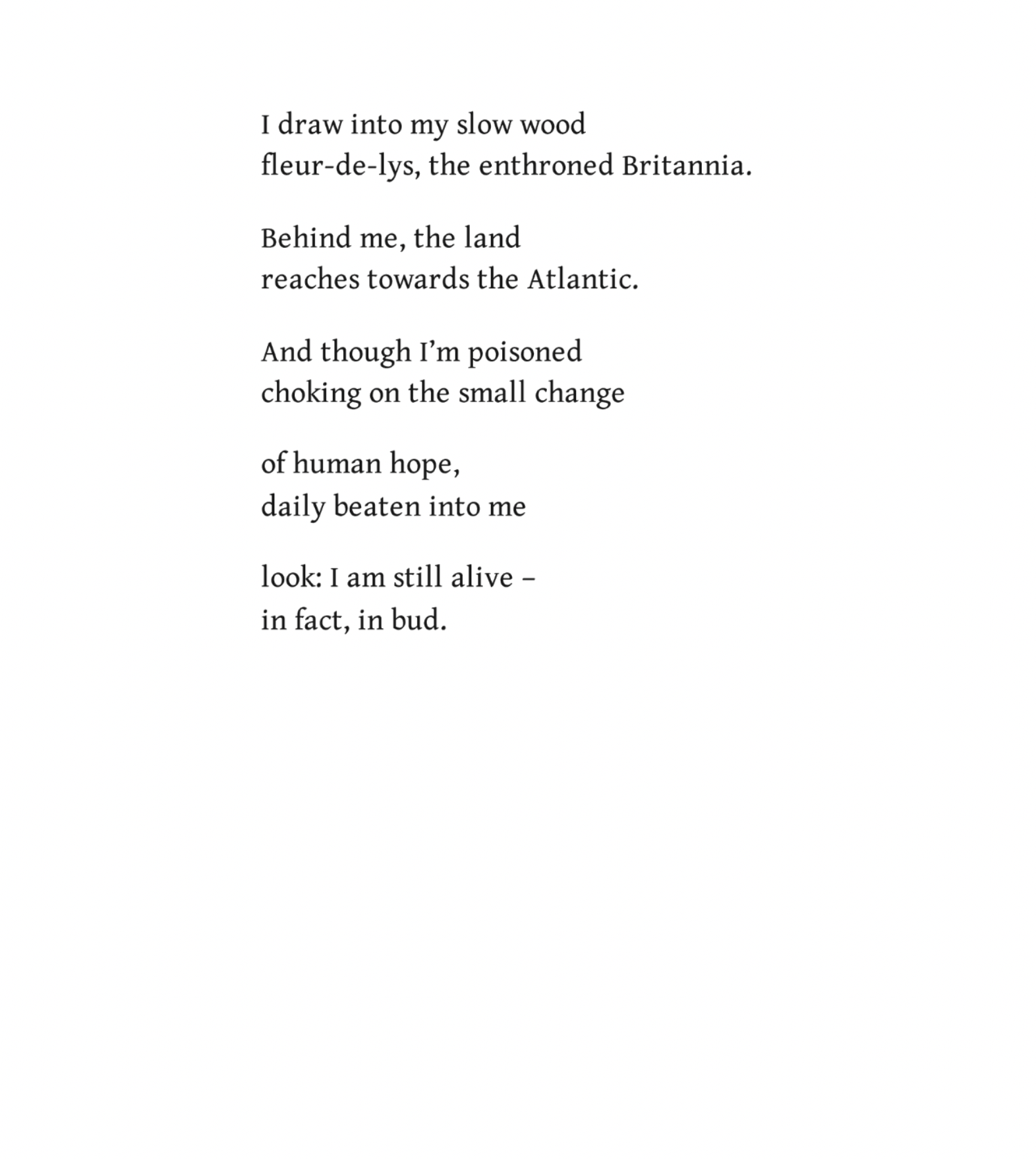 I draw into my slow wood
fleur-de-lys, the enthroned Britannia.

Behind me, the land
reaches towards the Atlantic.

And though I’m poisoned
choking on the small change

of human hope,
daily beaten into me

look: I am still alive –
in fact, in bud.